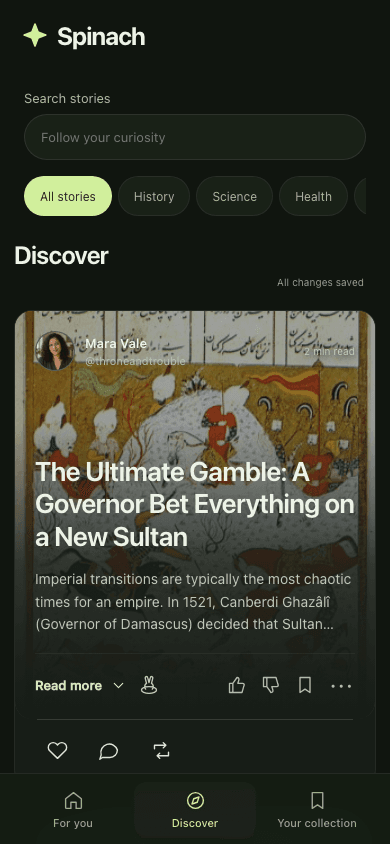 Spinach discovery feed showing a history article