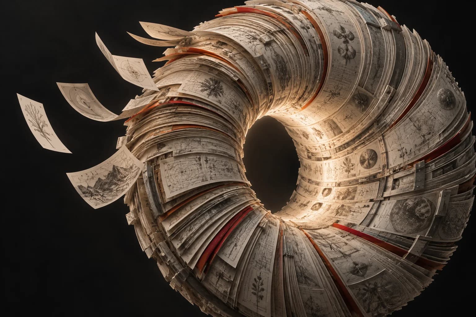 Saeon archive sculpture surrounded by manuscript pages